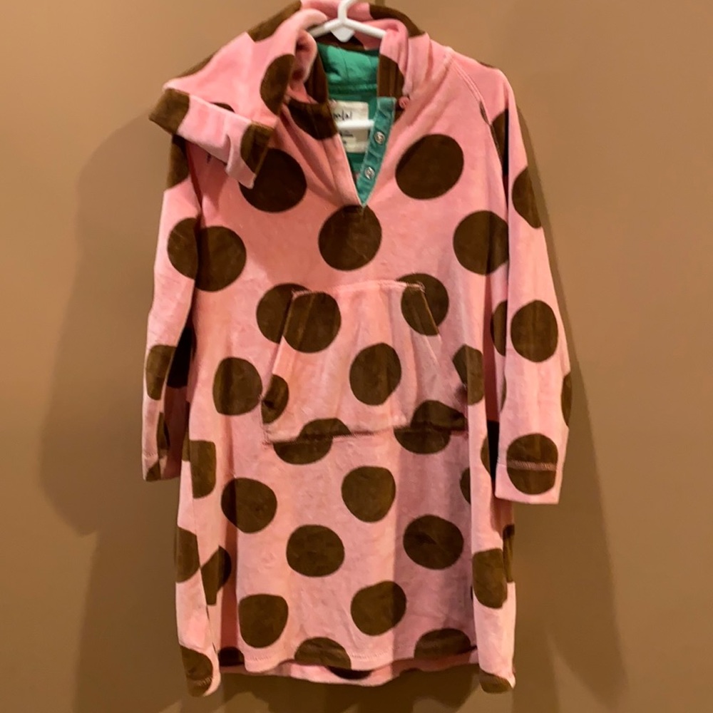 Mini Boden swim coverup, Girls size 5-6, pink with brown polka dots, hooded